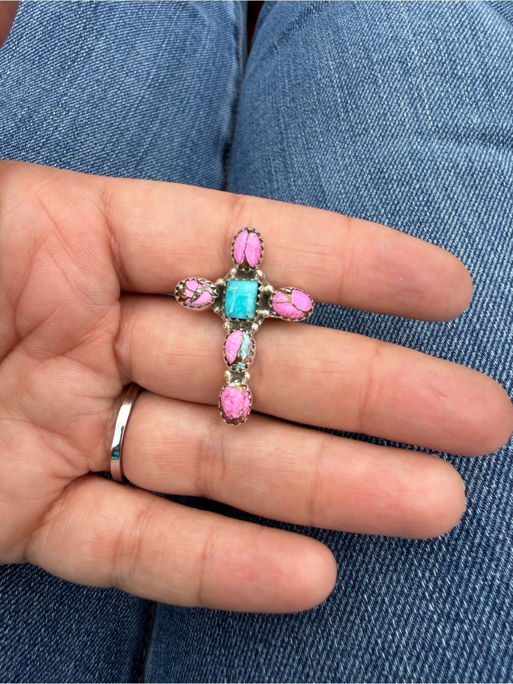 Silver Cross Ring with Pink and Turquoise Cotton Candy Stones